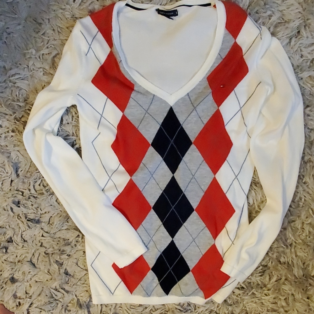 Tommy Hilfiger Womens XS V neck Argyle Sweater